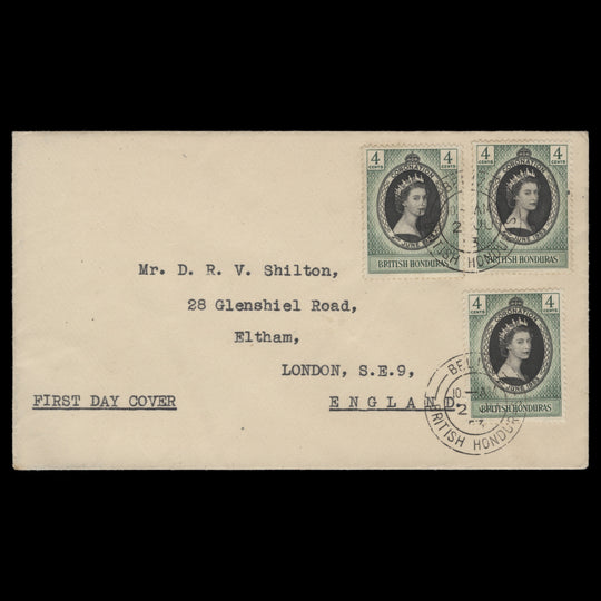 British Honduras 1953 (FDC) 4c Coronation singles, BELIZE