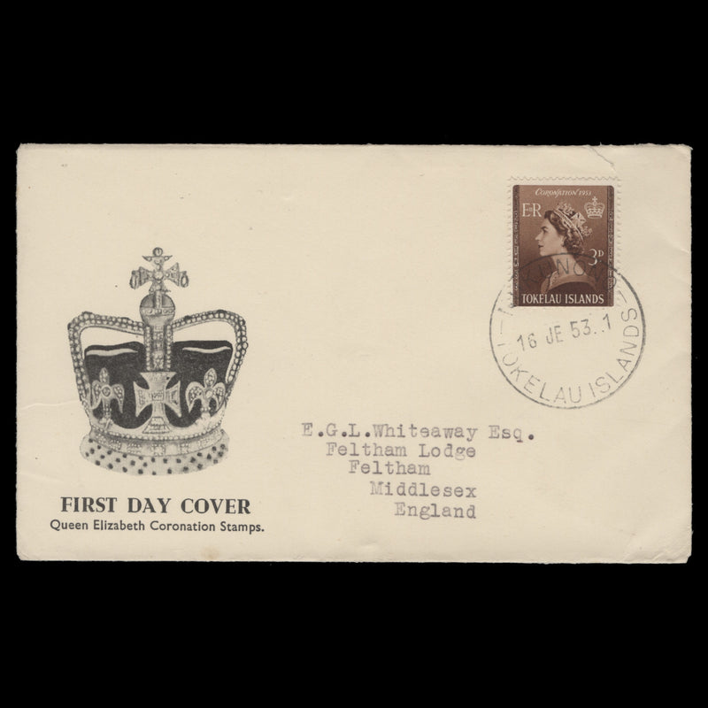 Tokelau 1953 (FDC) 3d Coronation, NUKUNONO