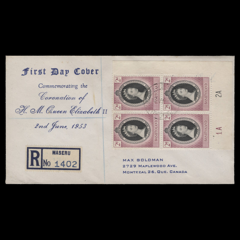 Basutoland 1953 (FDC) 2d Coronation plate 1A–2A block, MASERU