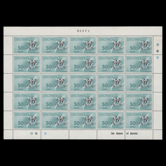 Lesotho 1974 (MNH) 50c Diamonds pane of 25 stamps on chalk-surfaced paper
