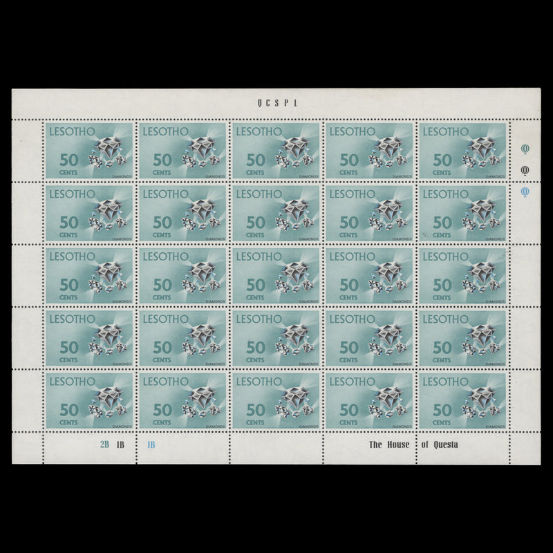 Lesotho 1971 (MNH) 50c Diamonds plate 2B–1B–1B pane of 25 stamps