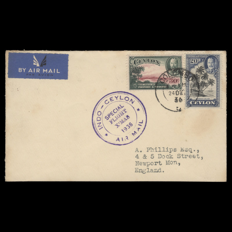 Ceylon 1936 Indo-Ceylon Christmas Flight cover, COLOMBO