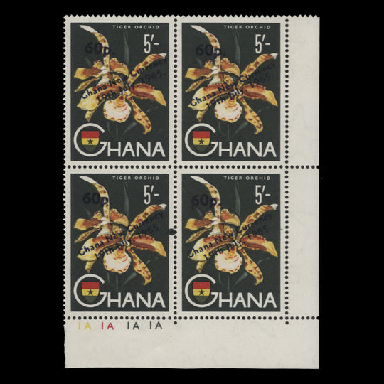 Ghana 1965 (MNH) 60p/5s Tiger Orchid plate 1A–1A–1A–1A block