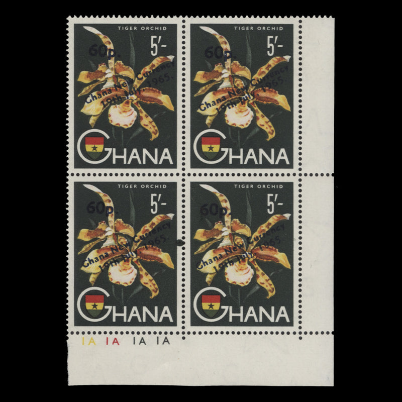 Ghana 1965 (MNH) 60p/5s tiger Orchid plate 1A–1A–1A–1A block