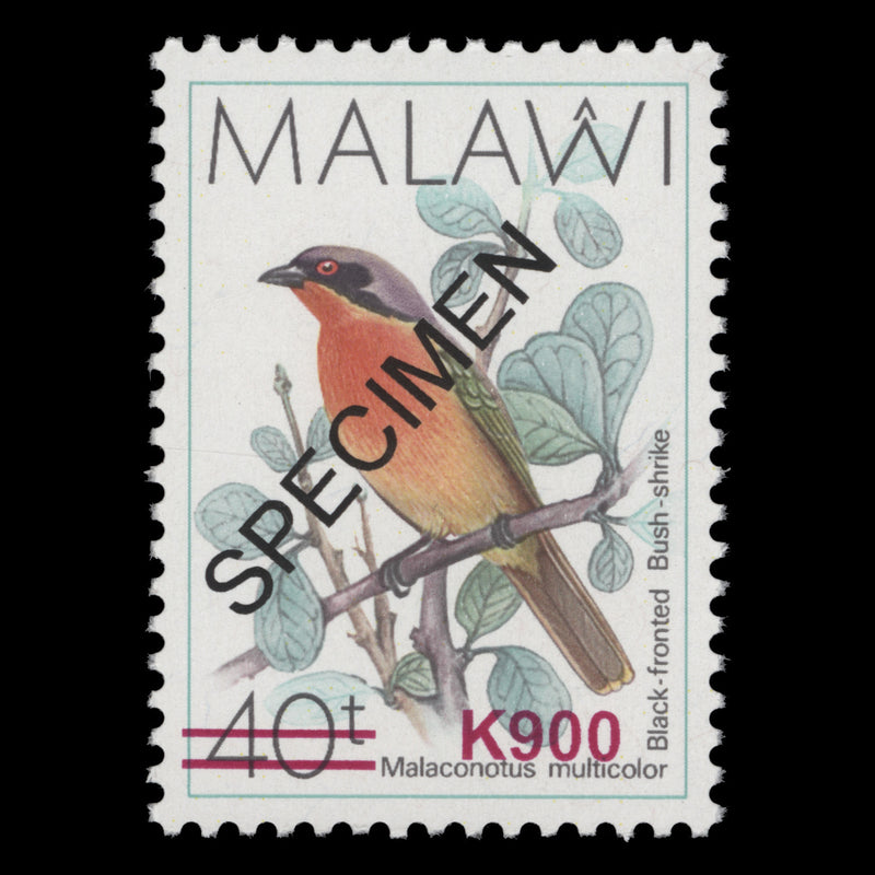 Malawi 2018 (MNH) K900/40t Bush Shrike with SPECIMEN overprint