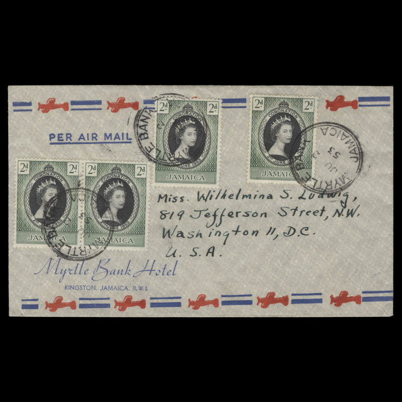 Jamaica 1953 (FDC) 2d Coronation pair and singles, MYRTLE BANK