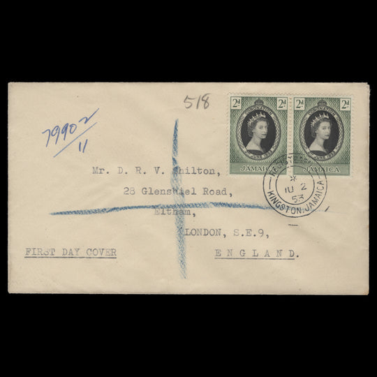 Jamaica 1953 (FDC) 2d Coronation pair, REGISTERED