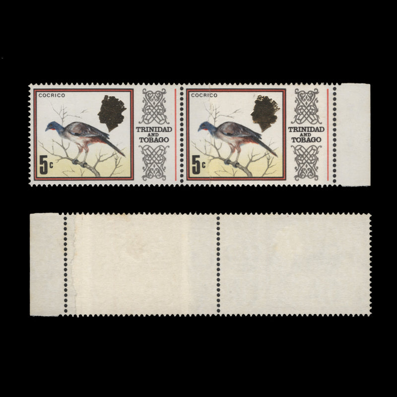 Trinidad & Tobago 1973 (Variety) 5c Cocrico pair with paper repair join