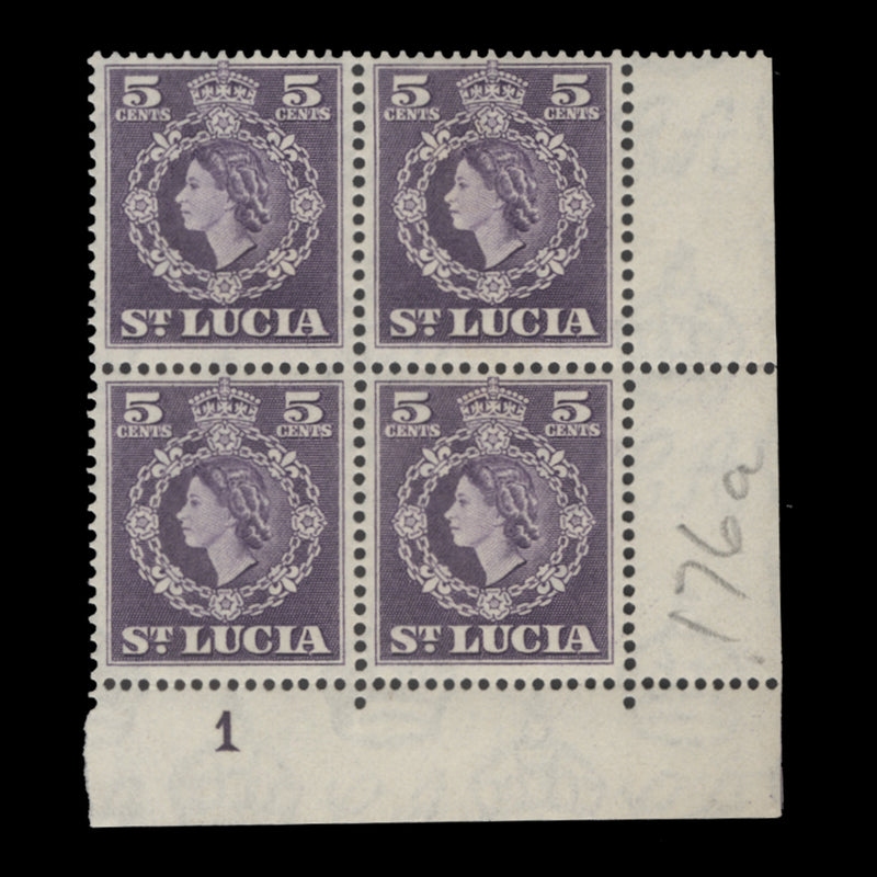 Saint Lucia 1963 (MNH) 5c Slate-Violet plate 1 block, De La Rue