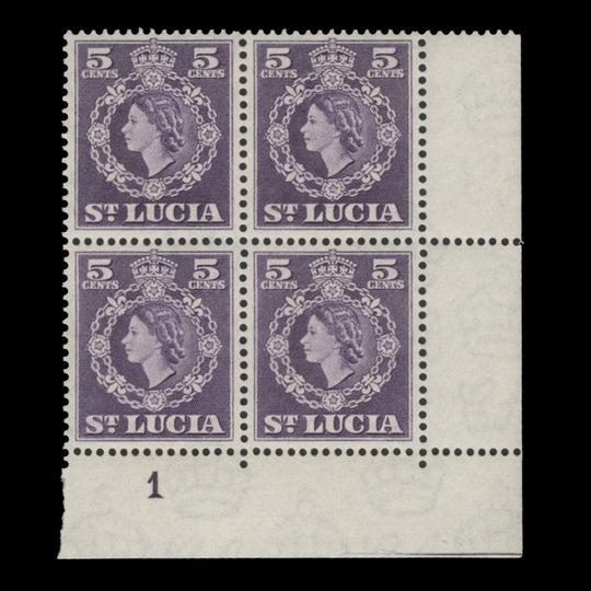 Saint Lucia 1954 (MNH) 5c Violet plate 1 block, Waterlow
