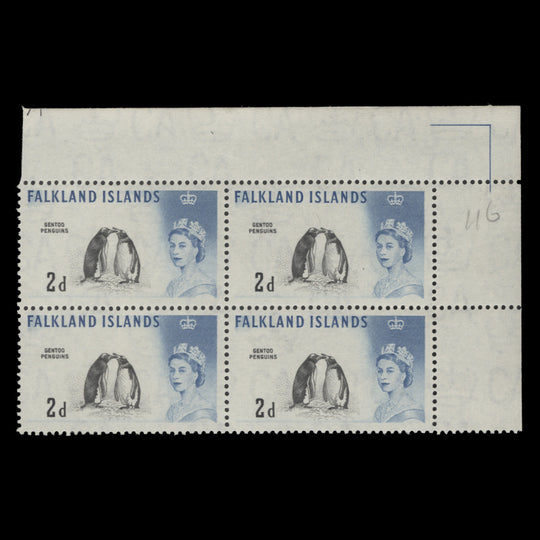 Falkland Islands 1966 (MNH) 2d Gentoo Penguins block, deep blue, DLR