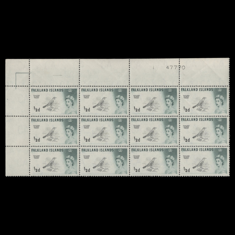 Falkland Islands 1964 (MNH) ½d Austral Thrush plate reference 47770 block
