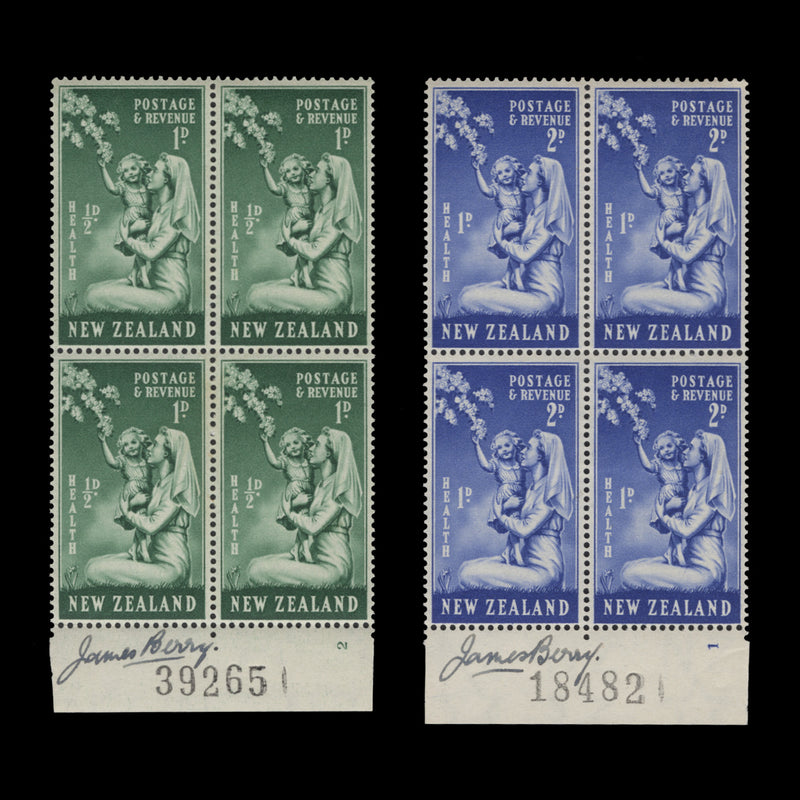 New Zealand 1949 (MLH) Nurse and Child plate blocks signed by James Berry