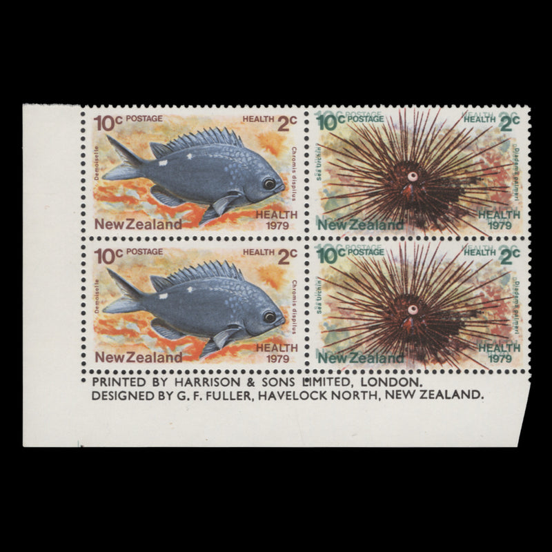 New Zealand 1979 (Variety) 10c+2c Marine Life imprint block with double green