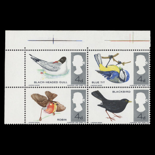 Great Britain 1966 (Variety) 4d British Birds ordinary block with red shift