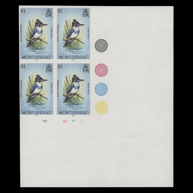 Montserrat 1984 (Variety) $1 Belted Kingfisher imperf plate block