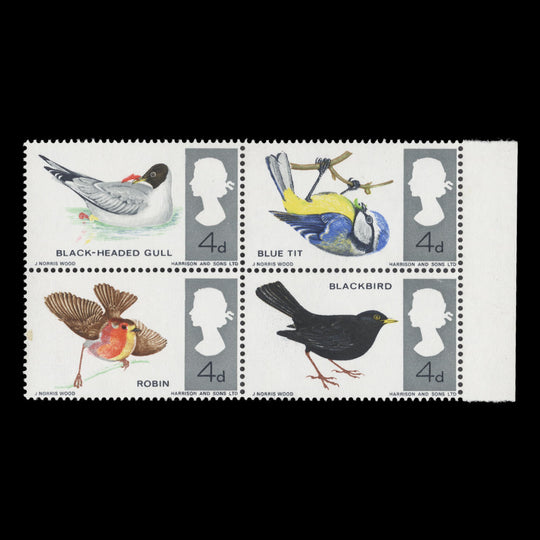 Great Britain 1966 (Variety) 4d British Birds ordinary block with red shift
