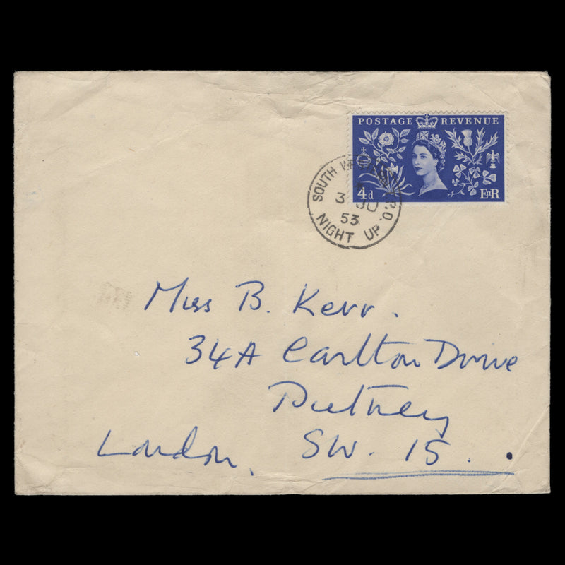 Great Britain 1953 (FDC) 4d Coronation, SOUTH WESTERN TPO