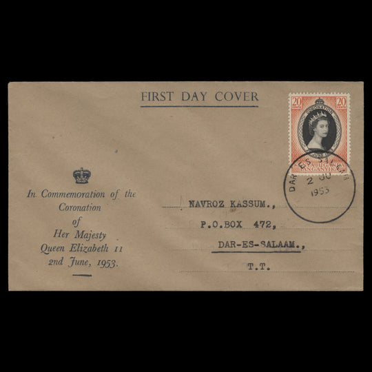 Kenya Uganda Tanganyika 1953 (FDC) 20c Coronation, DAR ES SALAAM