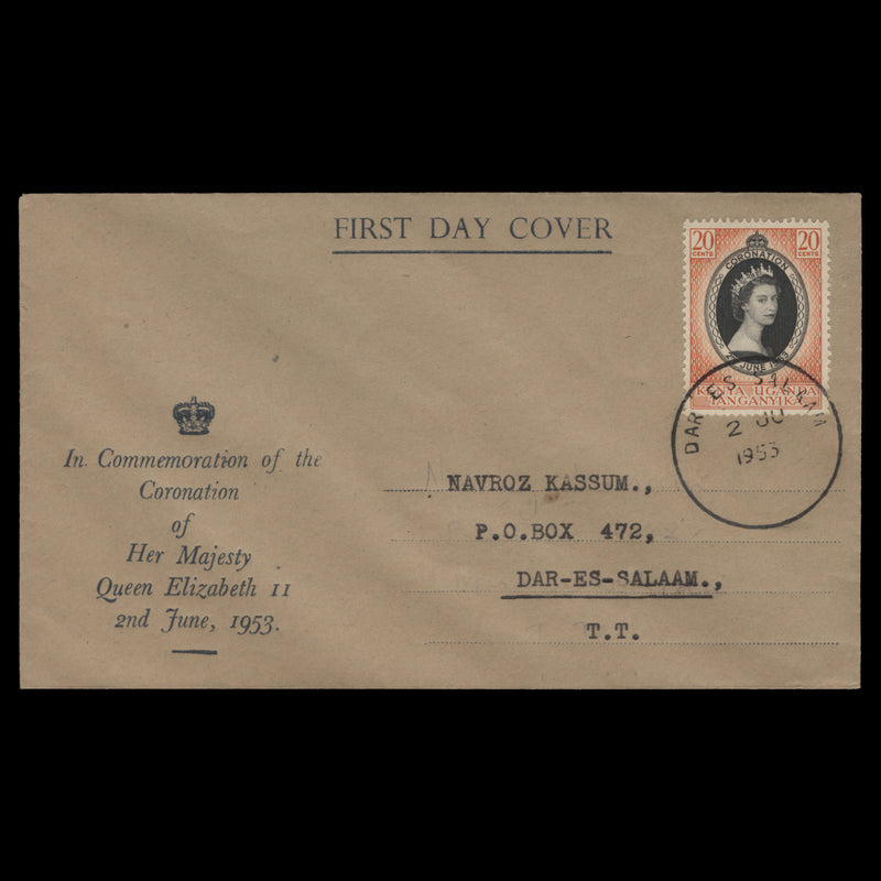 Kenya Uganda Tanganyika 1953 (FDC) 20c Coronation, DAR ES SALAAM