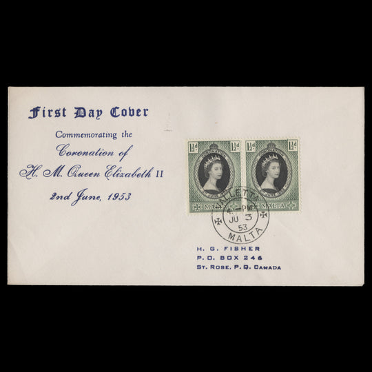 Malta 1953 (FDC) 1½d Coronation pair, VALLETTA