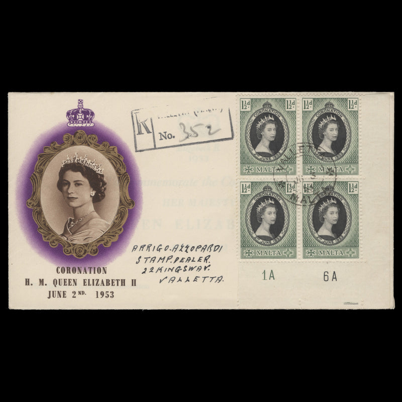 Malta 1953 (FDC) 1½d Coronation plate 1A–6A block, VALLETTA