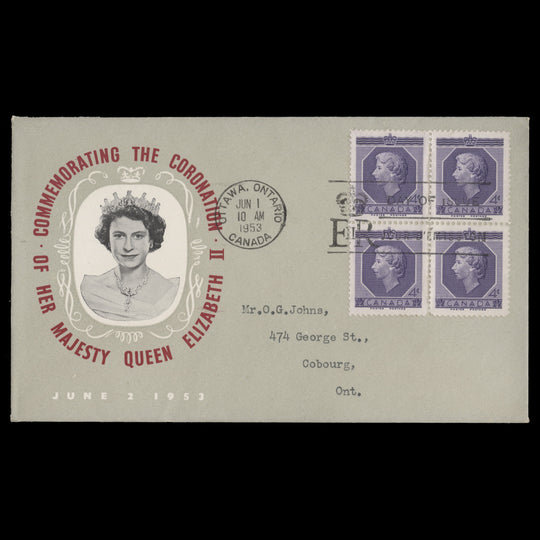 Canada 1953 (FDC) 4c Coronation block, OTTAWA