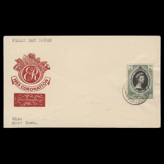 British Virgin Islands 1953 (FDC) 2c Coronation, ROAD TOWN