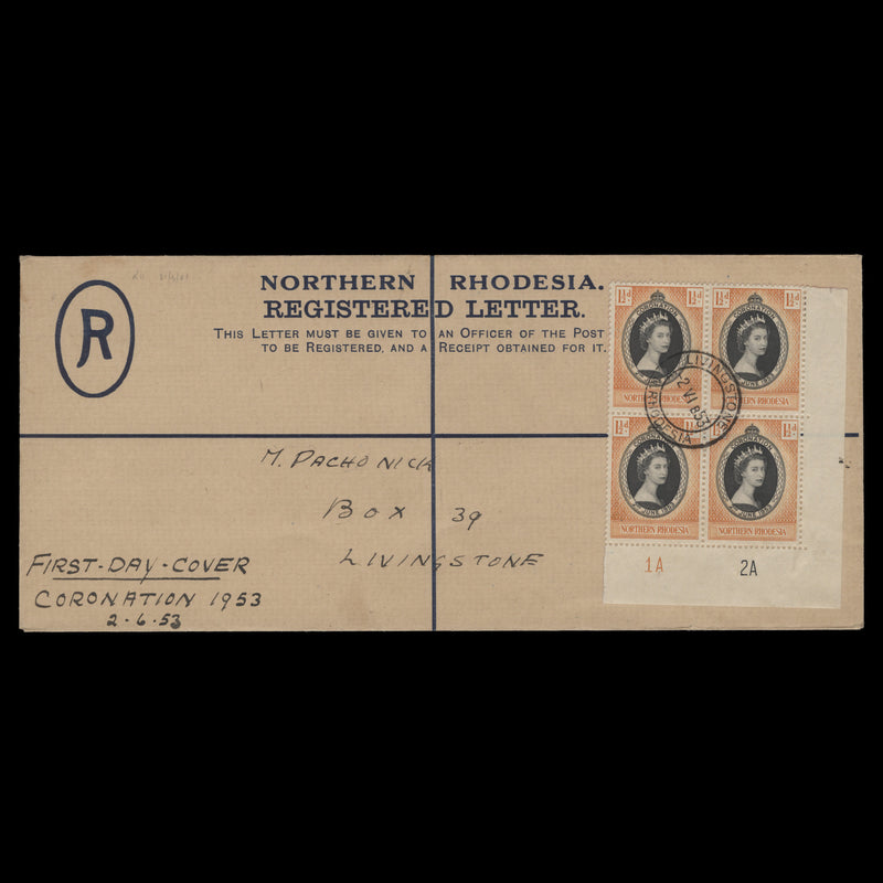 Northern Rhodesia 1953 (FDC) 1½d Coronation plate 1A–2A block, LIVINGSTONE
