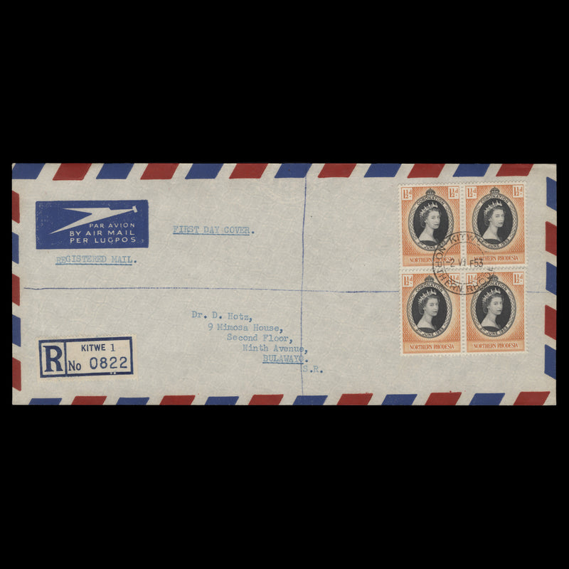 Northern Rhodesia 1953 (FDC) 1½d Coronation block, KITWE