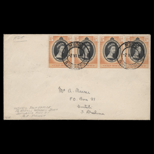 Northern Rhodesia 1953 (FDC) 1½d Coronation strip, MSORO