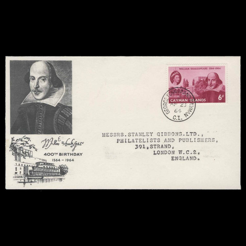 Cayman Islands 1964 (FDC) 6d Shakespeare Birth Anniversary, GEORGE TOWN