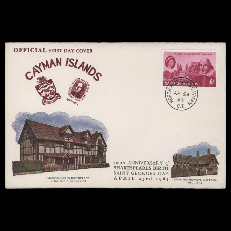 Cayman Islands 1964 (FDC) 6d Shakespeare Birth Anniversary, NORTH SIDE
