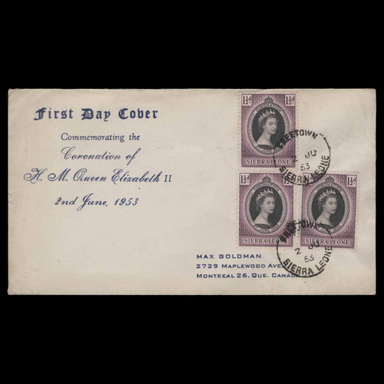 Sierra Leone 1953 (FDC) 1½d Coronation singles, FREETOWN