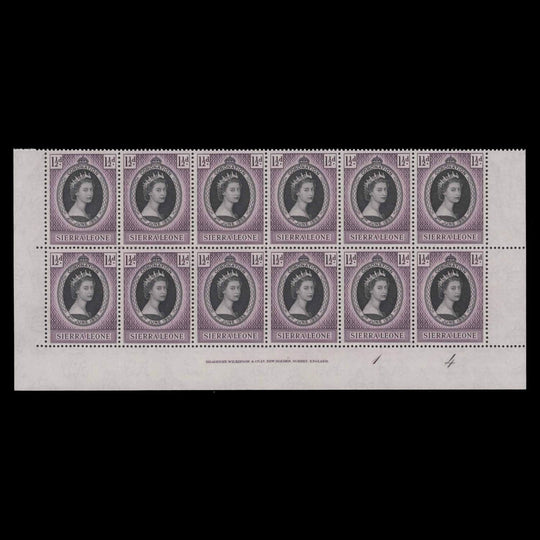Sierra Leone 1953 (MNH) 1½d Coronation imprint/plate 1–4 block