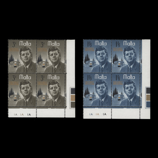 Malta 1966 (MNH) Kennedy Commemoration plate 1A–1A–1A blocks