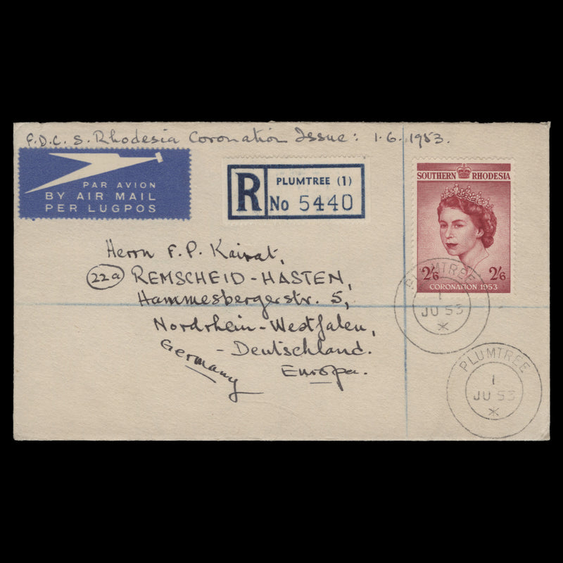 Southern Rhodesia 1953 (FDC) 2s6d Coronation, PLUMTREE