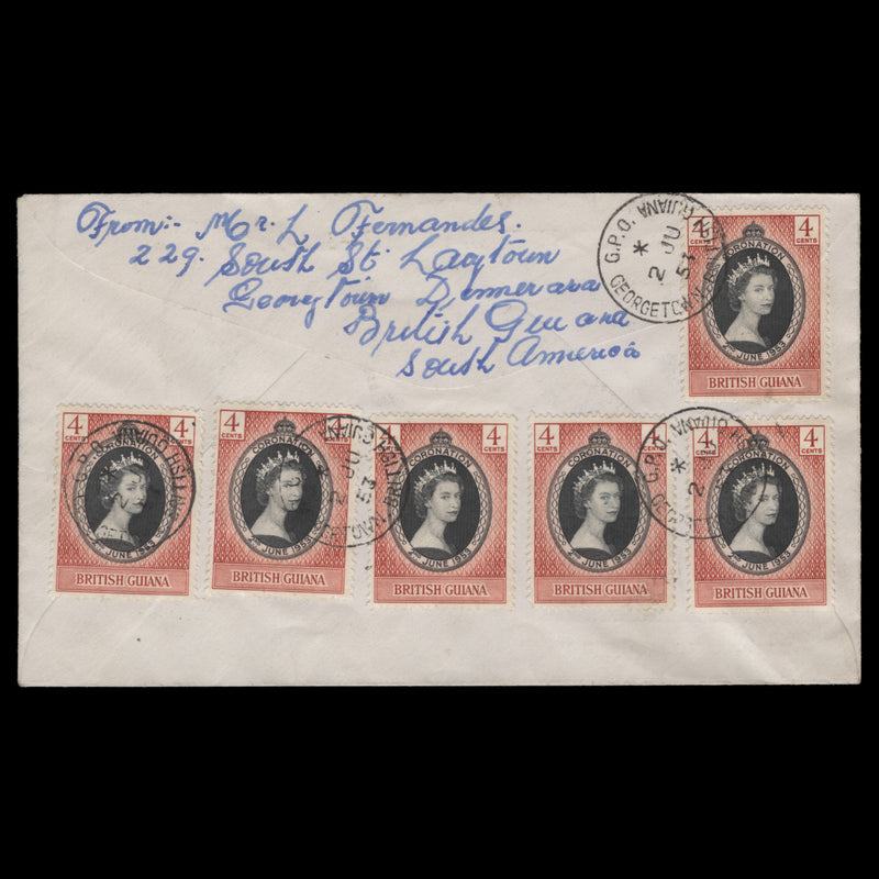 British Guiana 1953 (FDC) 4c Coronation singles, GEORGETOWN