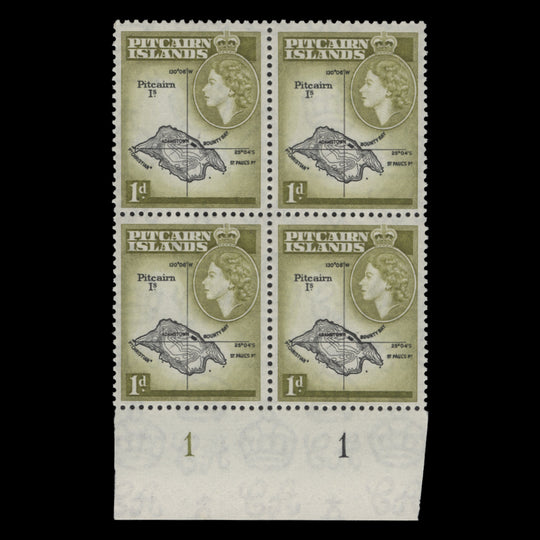 Pitcairn Islands 1959 (MNH) 1d Map plate block in black & yellow-olive