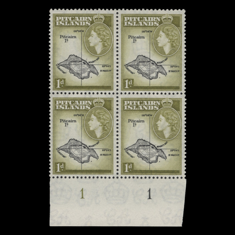 Pitcairn Islands 1959 (MNH) 1d Map plate block in black & yellow-olive shade