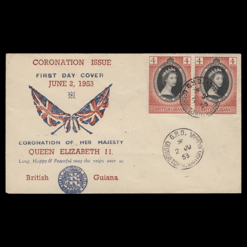 British Guiana 1953 (FDC) 4c Coronation pair, GEORGETOWN