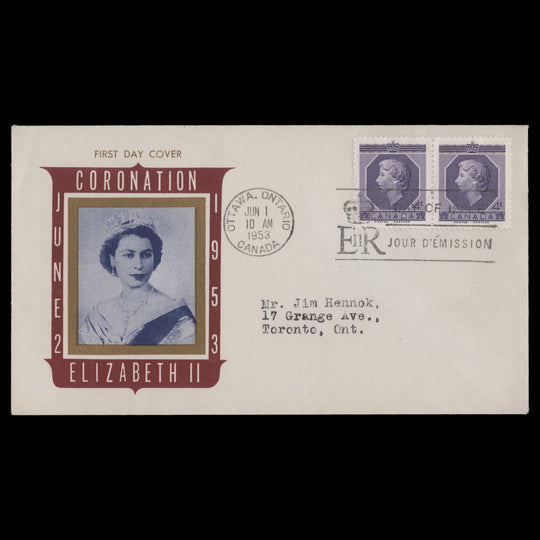 Canada 1953 (FDC) 4c Coronation pair, OTTAWA