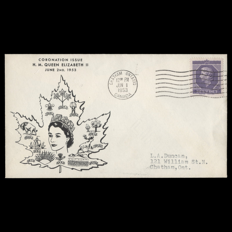 Canada 1953 (FDC) 4c Coronation block, CHATHAM