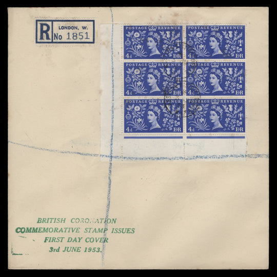 Great Britain 1953 (FDC) 4d Coronation cylinder block, WESTERN DISTRICT OFFICE