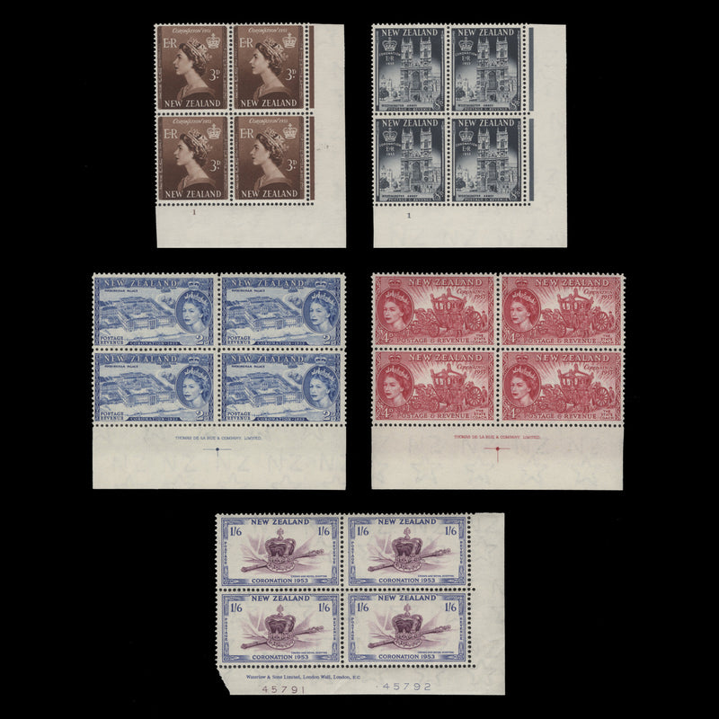 New Zealand 1953 (MLH) Coronation imprint or plate blocks