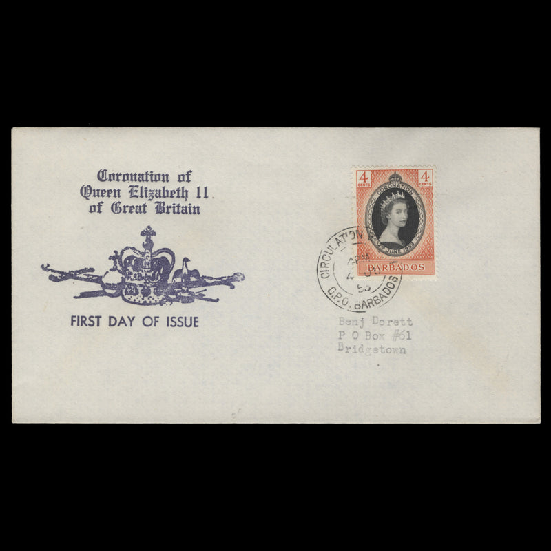 Barbados 1953 (FDC) 4c Coronation, CIRCULATION BRANCH