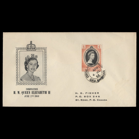 Barbados 1953 (FDC) 4c Coronation, CIRCULATION BRANCH