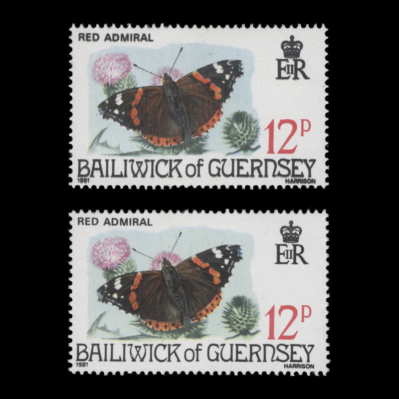 Guernsey 1981 (Variety) 12p Red Admiral with black printed double