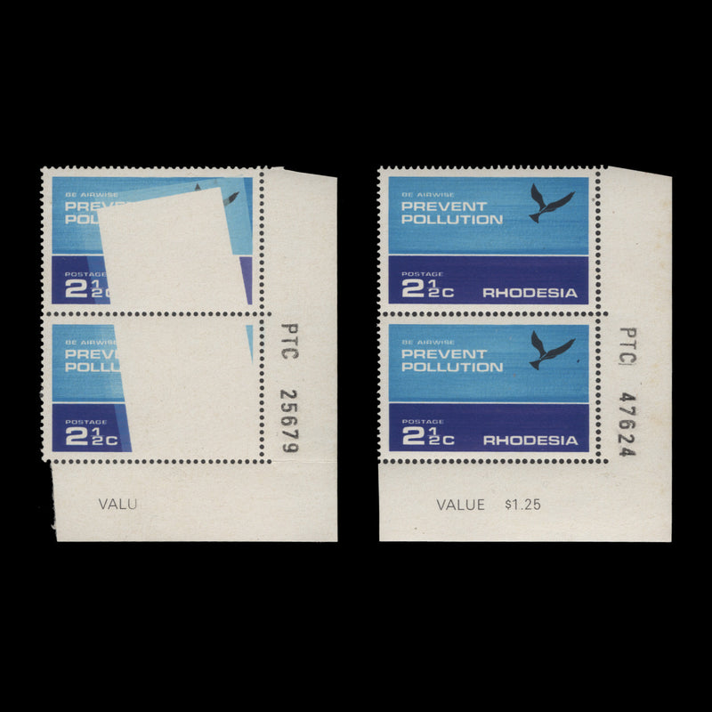 Rhodesia 1972 (Variety) 2½c Prevent Pollution pair missing large part of design
