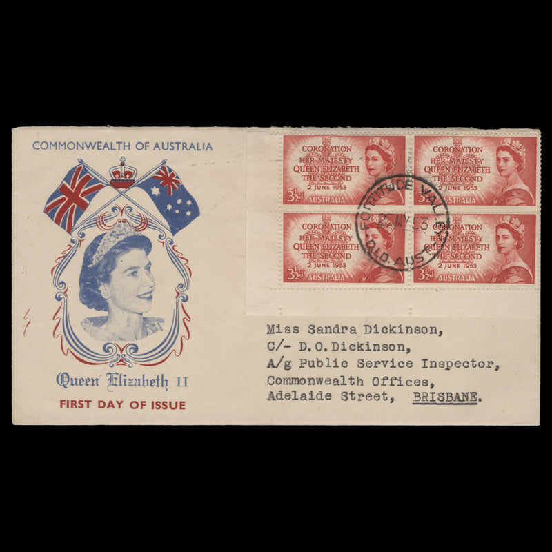 Australia 1953 (FDC) 3½d Coronation block, FORTITUDE VALLEY